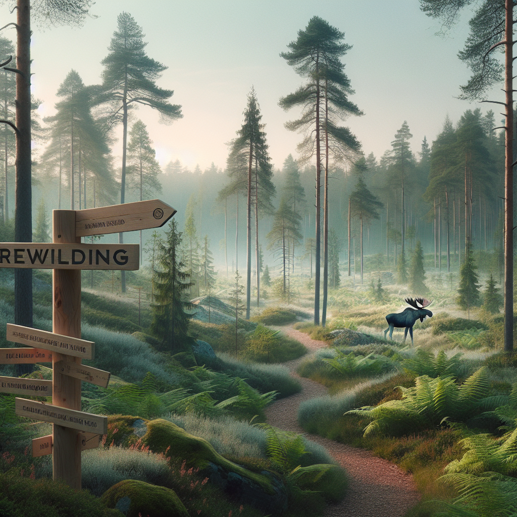 A serene Swedish forest with a winding path, distant moose silhouette, rewilding signpost, and soft morning mist, emphasizing conservation and natural beauty