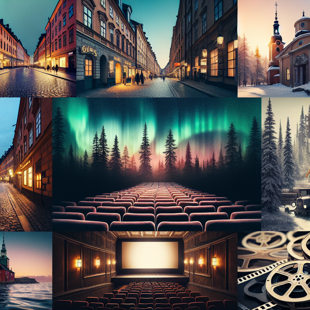 A cinematic collage of Swedish film: Gamla Stan streets, a rural northern landscape with aurora glow, an arthouse cinema interior, and vintage film reels