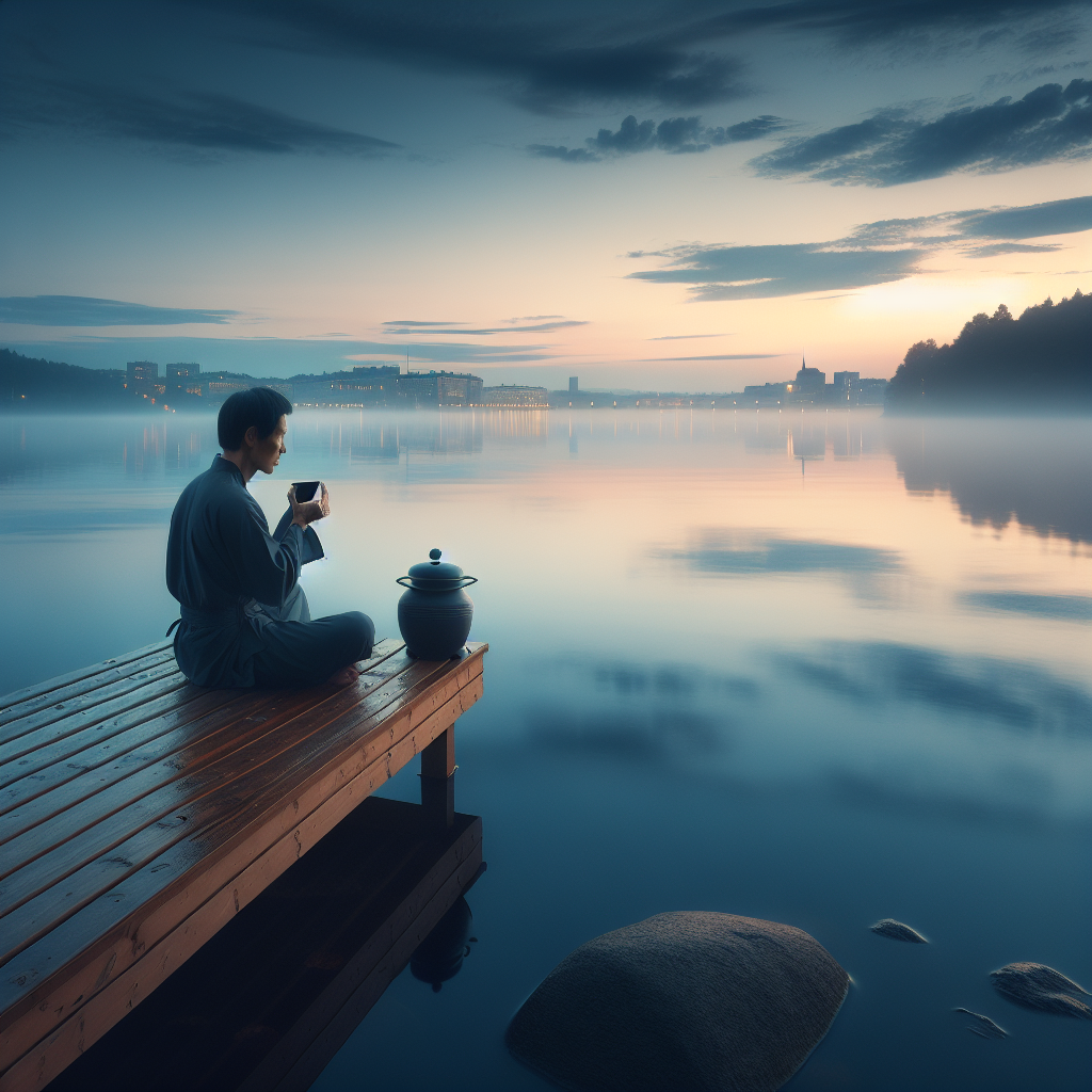 A calm Scandinavian scene: a peaceful lakeshore at dusk with a person sitting on a wooden dock, holding a warm drink, soft northern light, subtle urban skyline in distance — serene, reflective mood for mental wellness.
