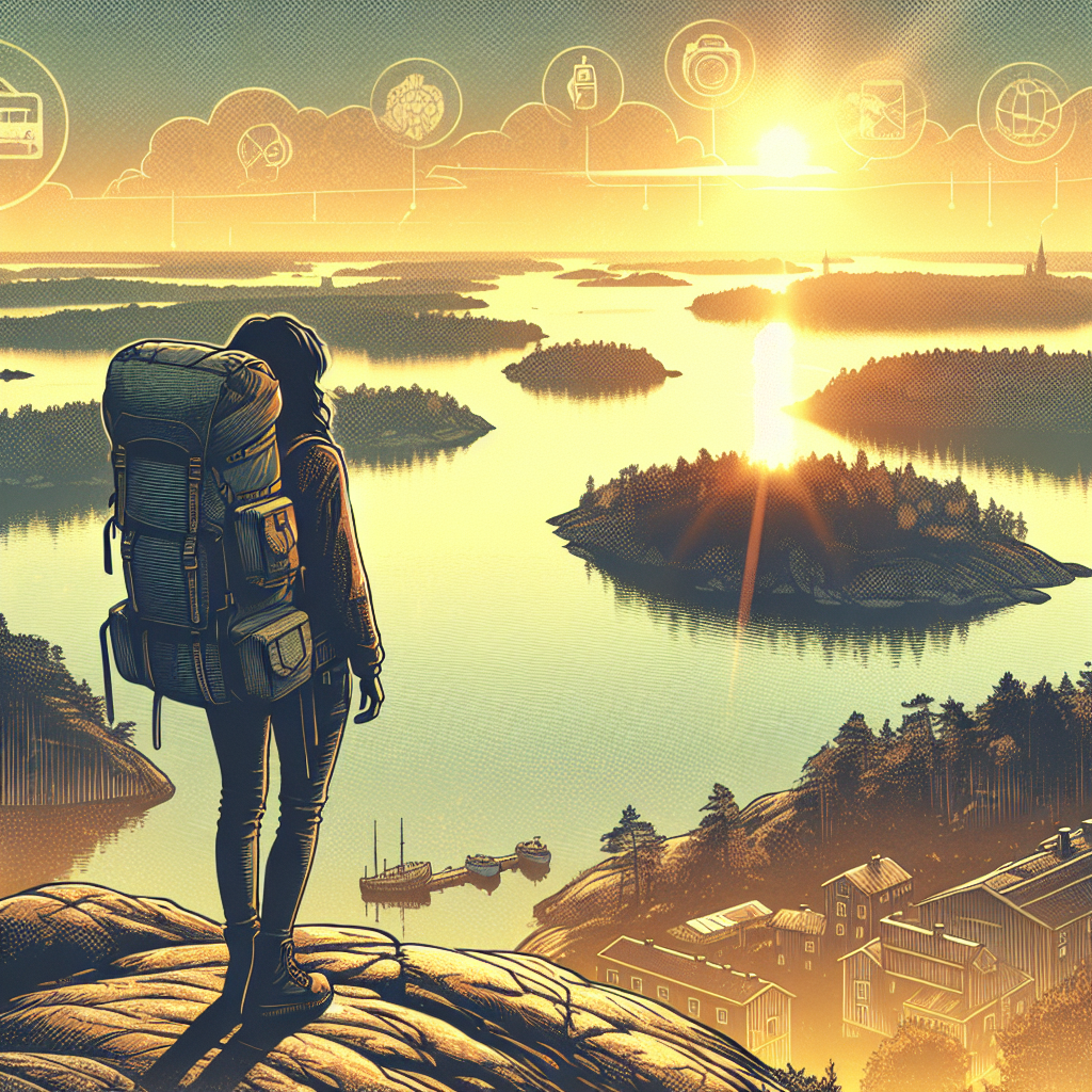 A scenic travel-themed image showing a traveler with a backpack overlooking a Swedish archipelago at golden hour, with a city skyline in the distance and subtle icons of travel gear