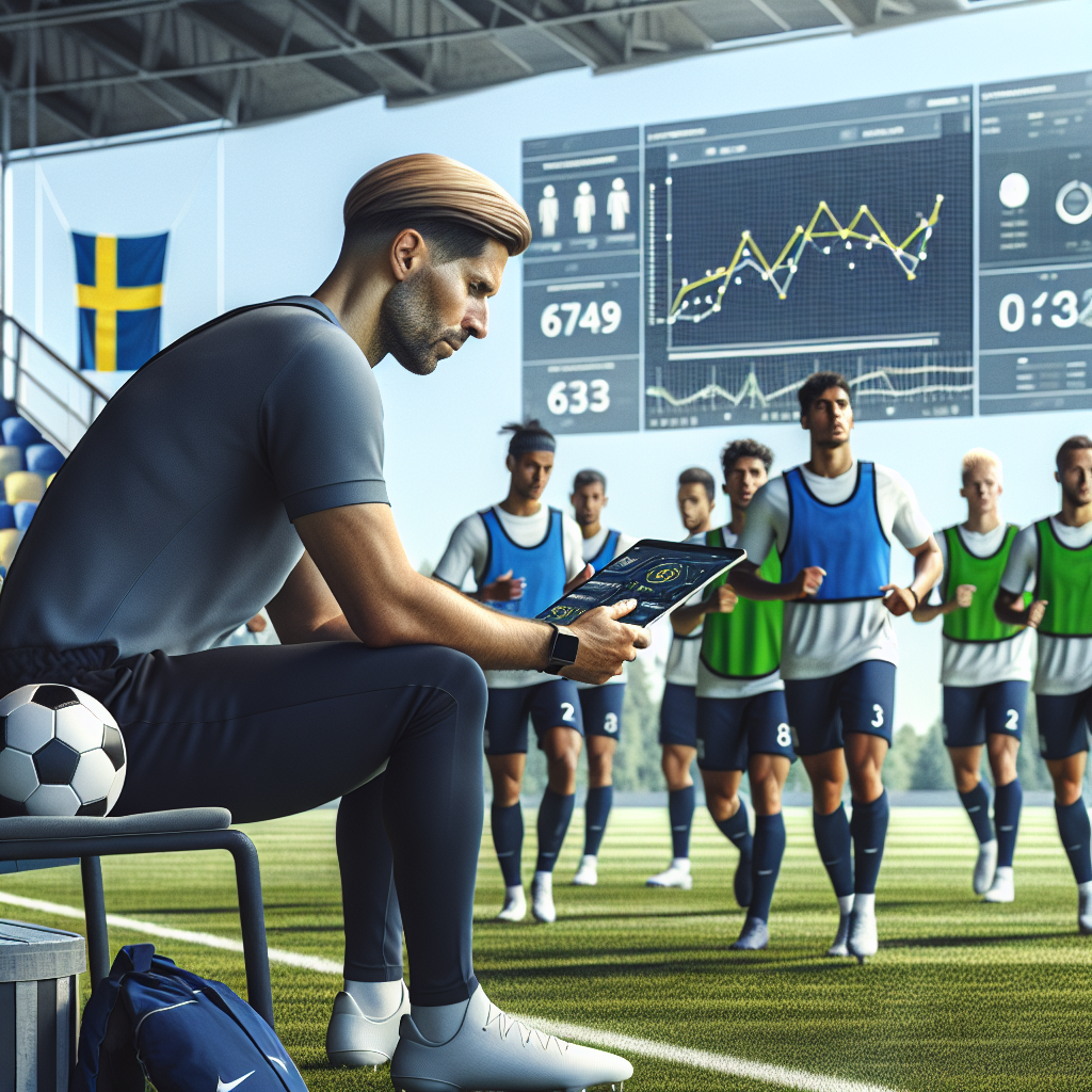 Modern Swedish football analytics: coach reviewing data visualizations on a tablet in a Nordic stadium, players training with GPS vests, clean realistic style