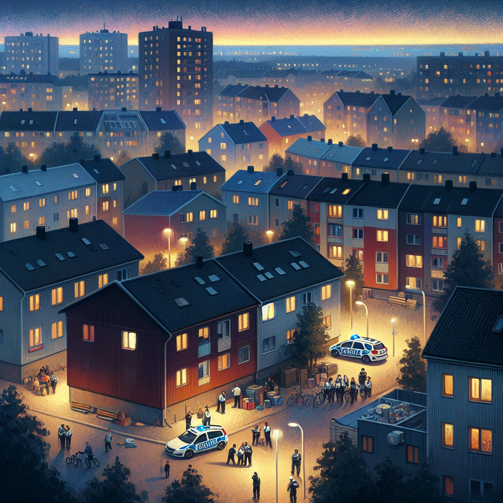 A realistic dusk view of a Swedish city neighborhood with subtle police presence, community members meeting outdoors, warm streetlights, and an atmosphere of civic resilience