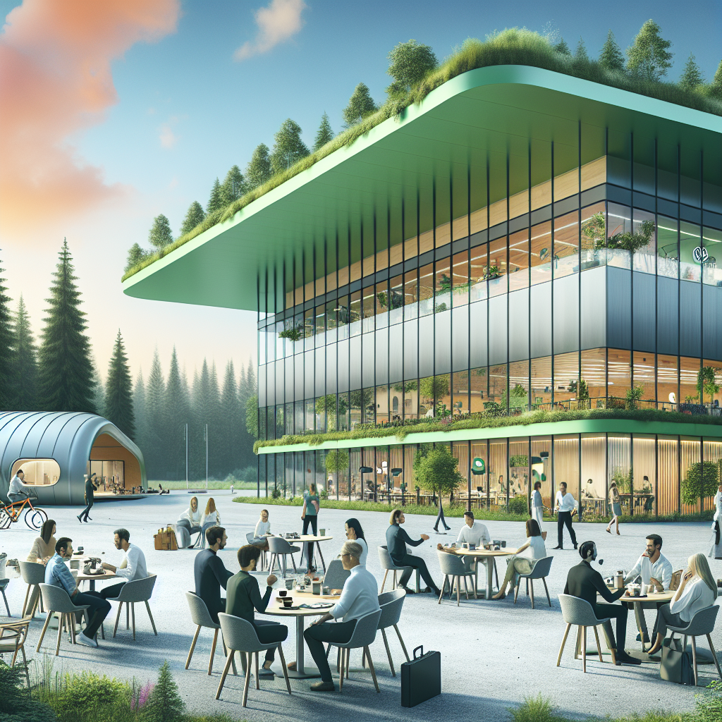 Scandinavian office scene with employees enjoying a fika outdoors near green, eco-friendly buildings and Nordic nature in the background; clean modern design and relaxed professional atmosphere